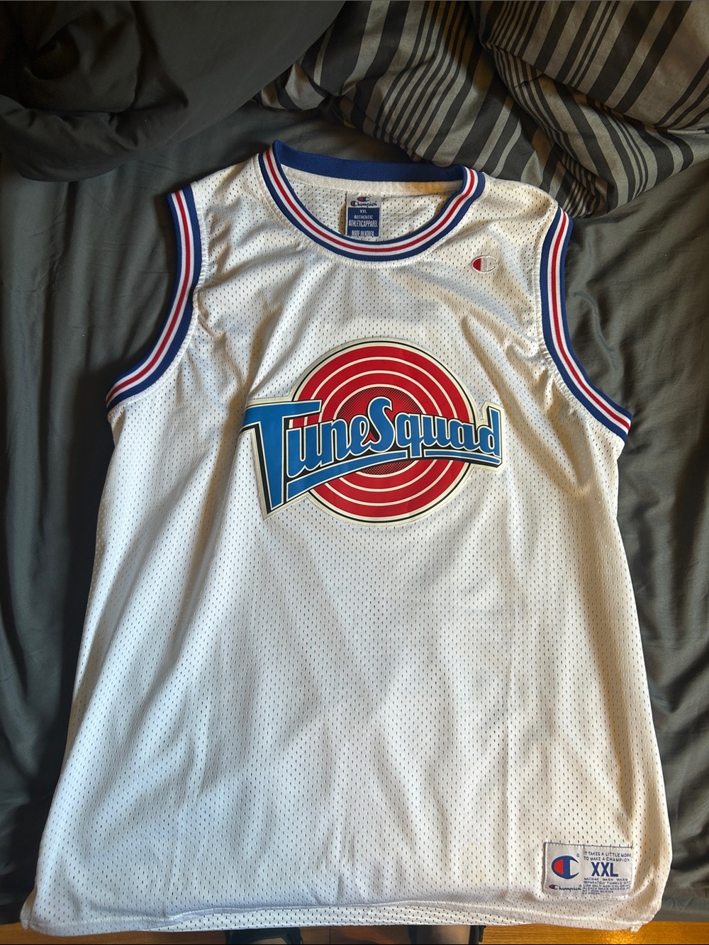 Champion White Tune Squad Mesh Basketball Jersey with Red & Blue Trim